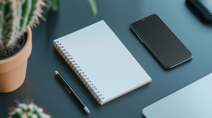 A white notebook sits on a table next to a cell phone and a pen. The notebook is open to a blank page, and the pen is resting on the table. The scene suggests a moment of contemplation or reflection