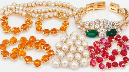 Assorted elegant jewelry, bracelets, and earrings on white background. Possible use for fashion catalog.