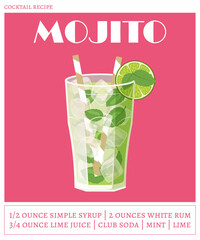 Mojito cocktail on the pink background. Vector illustration of summer refreshing drink. Alcohol cocktail recipe poster