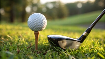 Premium Golf Equipment Close-up with Ball, Tee and Club Against Sunlit Grass Background