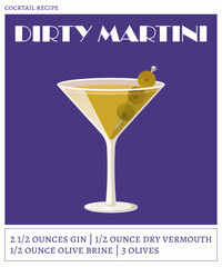 Dirty martini cocktail on the violet background. Vector illustration of classical alcoholic drink. Cocktail recipe poster