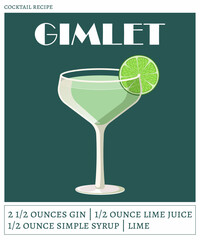 Gimlet cocktail on the green background. Vector illustration of modern alcoholic drink. Cocktail recipe poster