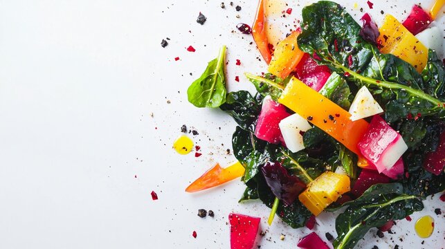 An abstract Swiss chard dish with vibrant colors and geometric food elements, isolated on a modern white canvas