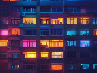 Vibrant nightlife reflections urban apartment building digital art cityscape eye-level perspective colorful living spaces