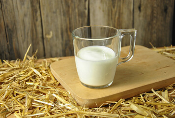 glass mug with milk on a wooden serving board on straw