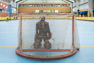 Roller hockey goalie kneeling behind net protecting goal during match
