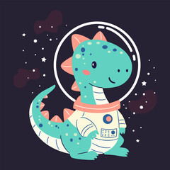 Cute kind dinosaur flying in a spacesuit in space, flat vector illustration in simple child style, dark background . Vector illustration