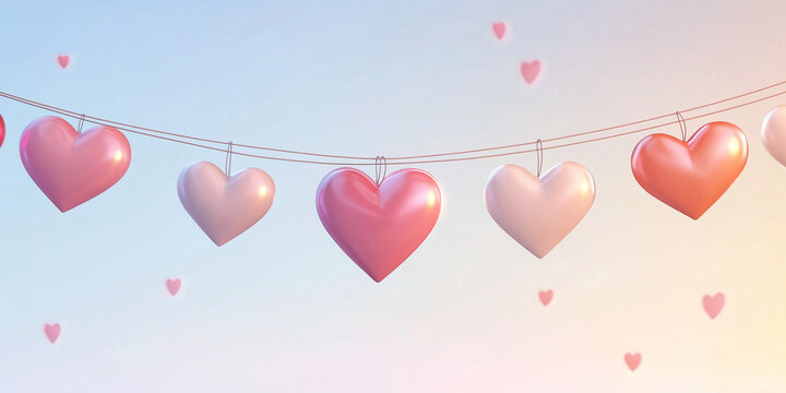 Romantic garland of shiny hearts on a soft background, congratulatory valentines banner