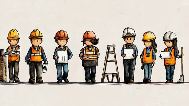 Cartoon Construction Worker Character in Yellow Hard Hat with Tools and Safety Gear