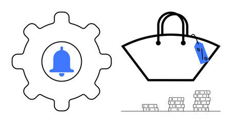 Gear icon with bell notification, shopping bag with price tag, stacked coins signify online shopping, notifications, e-commerce integration, financial transactions, cost management, promotional
