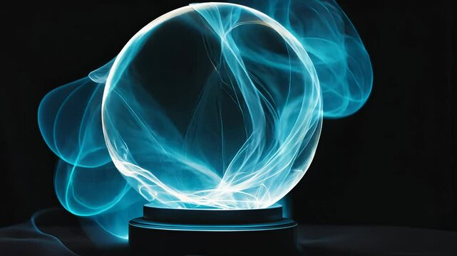 Crystal Ball emitting blue light and smoke on a black background