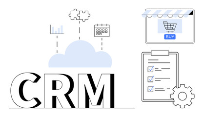 CRM text, cloud with analytics, puzzle piece, and calendar. Online store with buy button, checklist with gear. Ideal for customer relationship management, online business, marketing automation