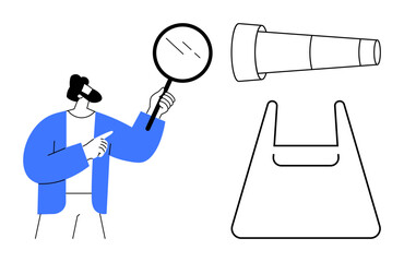 Person holding magnifying glass, outlines of a telescope, and a chair. Ideal for education, research, inquiry, investigation, curiosity discovery learning. Minimalist art blue accents abstract