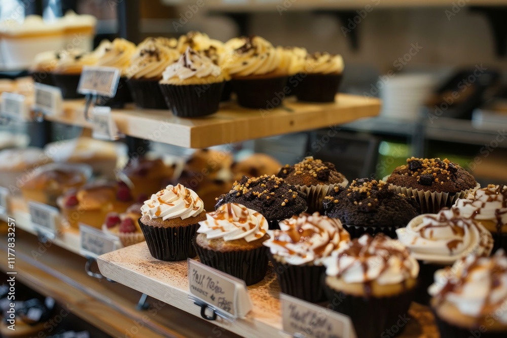 Poster freshly baked cupcakes with icing are sitting on a display shelf at a local bakery