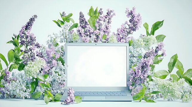 Fototapeta Lilac flowers frame laptop with blank screen on blue, spring theme mockup