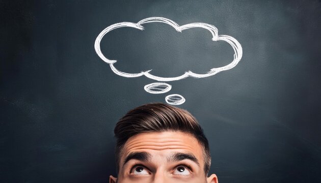 A thought bubble drawn on a chalkboard above a persons head symbolizing creative ideas