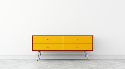 Yellow dresser with four drawers on hairpin legs against white wall.