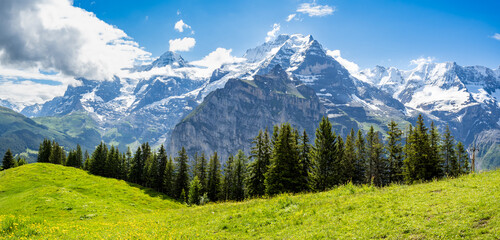 Fototapeta premium View of mountain peaks from Grutchwalp to Murren hike, Switzerland