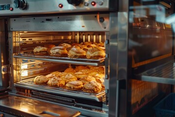 Delicious pastries cooling down inside the professional oven after baking in the bakery