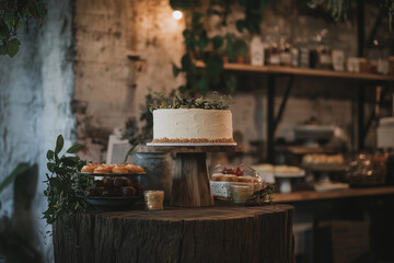 Sustainable wedding reception featuring natural wood decor and elegant cake display in a cozy venue