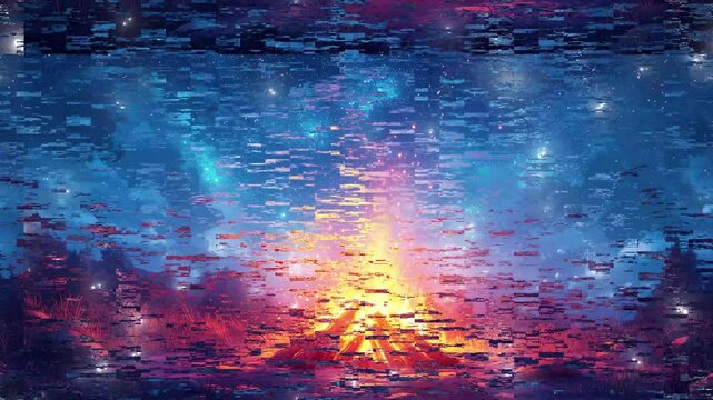 Flames flicker and glow brightly against a backdrop of a starry night sky. glitch stream overlay seamless loop Vtuber streamer asset twitch zoom OBS screen animated wallpaper virtual background
