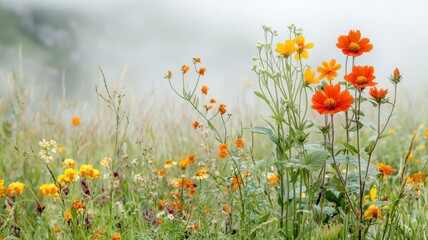 Natural transpiration concept in plants and the environment. Vibrant wildflowers blooming in a misty meadow.