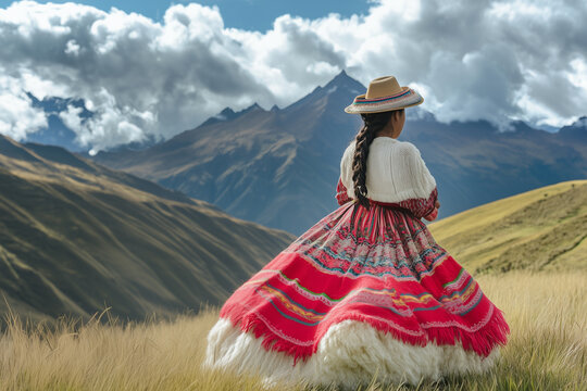 Traditional Peruvian woman in pollera spins in the Andes mountains with stunning cloud formations around her