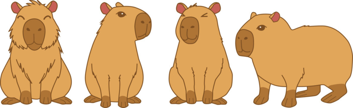 Set of Capybara cartoon animal isolated on white background. Funny flat hand drawn capibara