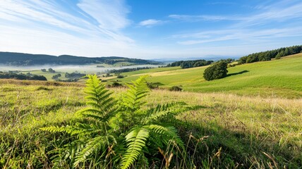 Natural transpiration concept in plants and the environment. Lush green landscape with ferns under a clear blue sky.