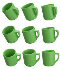 set of mug with transparent background, PNG, green cup, 3d coffee cup