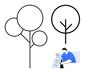 Simplified line drawings of trees with a person holding shopping bags. Ideal for sustainability, eco-friendly living, shopping, environmental campaigns, green products, minimalism, nature. Line