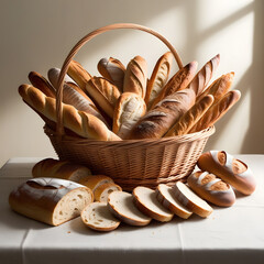 Mixed Bread Basket with Rustic Loaves and Sliced Bread on a Neutral Background
