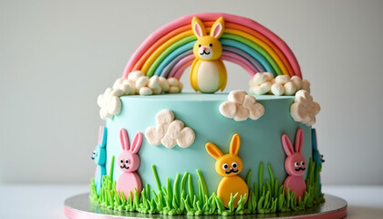 Fototapeta premium A delightful pastel blue cake adorned with fondant bunnies, a rainbow, and fluffy clouds, perfect for a whimsical celebration. 