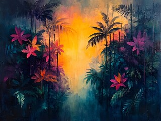 Captivating Tropical Rainforest Abstract Painting with Vibrant Foliage and Flowing Expressionist Brushwork