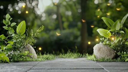 Natural transpiration concept in plants and the environment. Lush garden path with greenery and glowing lights at dusk.