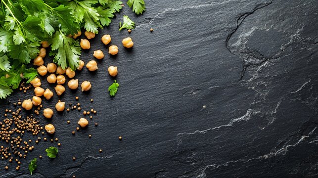 Chickpeas with scattered cumin seeds and coriander leaves, isolated on a dark slate background