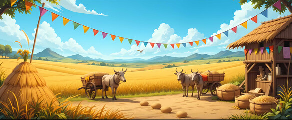 Indian village Harvest Festival Scene cartoon Background illustration