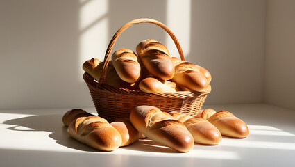 A Basket Filled with Warm Baguettes in Soft Natural Light on a Clean White Background