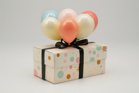 Closed gift box tied with black ribbon and topped with a bunch of colorful balloons
