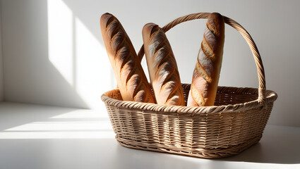 Artisan Baguettes Arranged in a Traditional Woven Basket Against a Neutral White Background