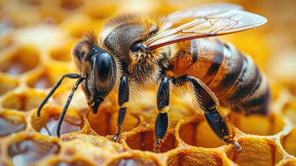 female bee Halictus sp pollinating and feeding on yellow yarrow flowers.
