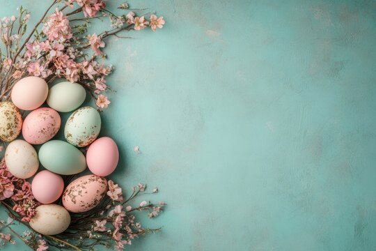 Osterhintergrund mit bemalten Ostereiern und Kirschbl&uuml;ten &ndash; Freiraum f&uuml;r Text, Easter background with painted eggs and cherry blossoms &ndash; space for text