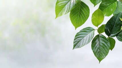 Natural transpiration concept in plants and the environment. Fresh green leaves with droplets on a soft, blurred background.