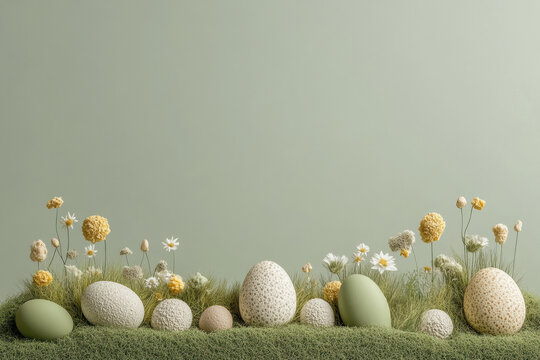 Naturinspirierter Osterhintergrund mit Wiesenblumen und Ostereiern in zarten Farben, Nature-inspired Easter background with meadow flowers and pastel-colored eggs