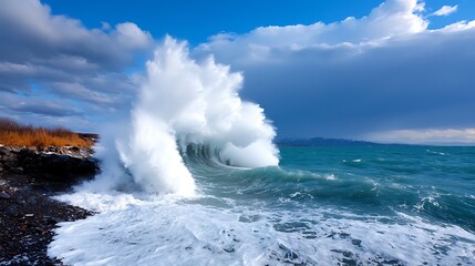 Fototapeta premium Dramatic ocean wave crashing on rocky shore under a stormy sky.