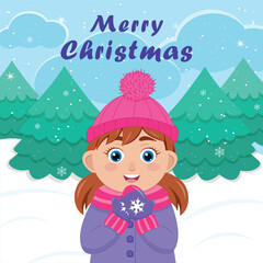 Girl in mittens against the background of a winter forest and snow