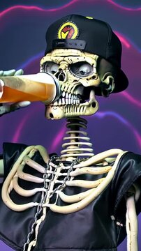 Squelette styl&eacute; buvant un bubble tea dans une ambiance futuriste