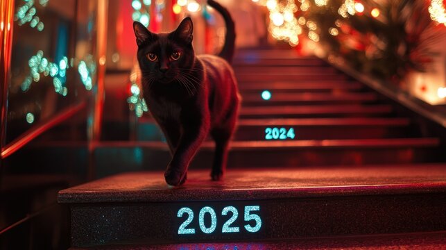 Sleek Black Cat Jumping Up Flight of Stairs with Decorative Lights