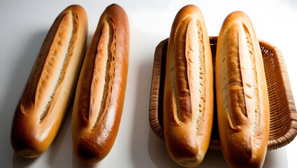 Close-Up of Baguettes in a Handwoven Basket with Detailed Crust and Light Flour Dusting
