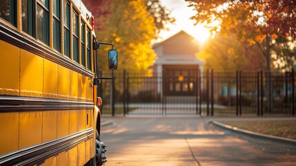Yellow school bus in front of school building at sunrise, concept of transportation and back to school season in Brazil